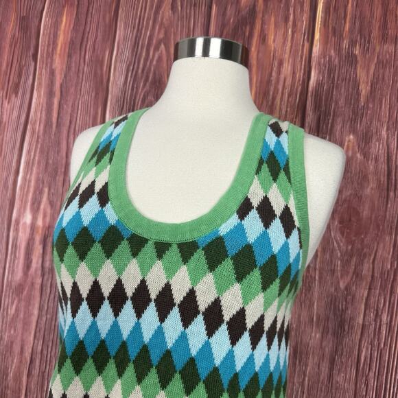 Y2K VTG Womens Small Argyle Sweater Tank Top Green Blue Academia Ramie Cotton - Picture 4 of 6